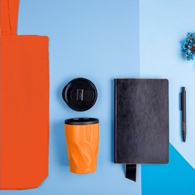 Набор подарочный VIBES4HIM: бизнес-блокнот, ручка, термокружка, сумка, черно-оранжевый