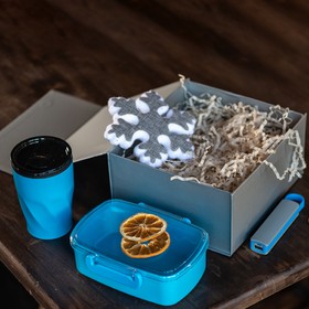 Набор подарочный LUCKYFOODS: ланчбокс, термокружка, аккумулятор, украшение, коробка, голубой
