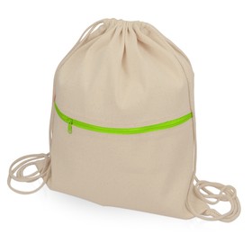 Рюкзак-мешок хлопковый Lark с цветной молнией, натуральный/зеленое яблоко