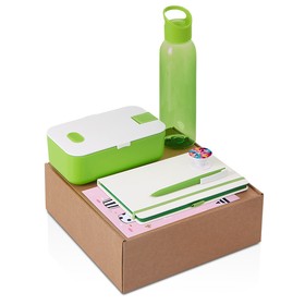 Подарочный набор с бутылкой для воды. блокнотом, ручкой и ланчбоксом, зеленое яблоко