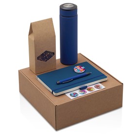 Подарочный набор с термосом, блокнотом, ручкой и чаем, синий