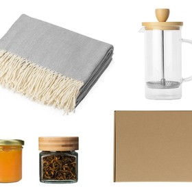 Подарочный набор с пледом, френчпрессом, чаем и вареньем, серый