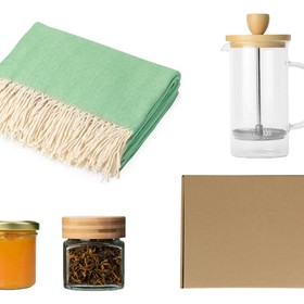 Подарочный набор с пледом, френчпрессом, чаем и вареньем, зеленый