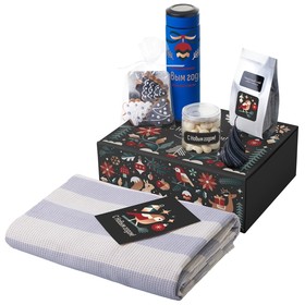 Подарочный набор c пледом, термосом, свечой и миндалем, синий