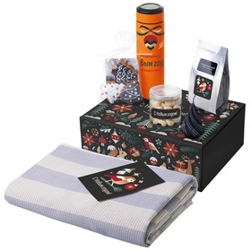 Подарочный набор c пледом, термосом, свечой и миндалем, оранжевый