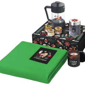 Подарочный набор c пледом, френчпрессом, чаем и медом, зеленый