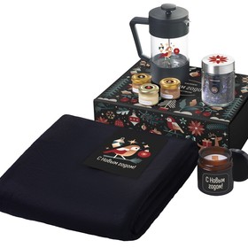 Подарочный набор c пледом, френчпрессом, чаем и медом, черный