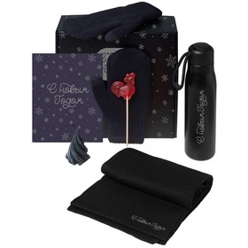 Подарочный набор с варежками, шарфом и термосом, черный