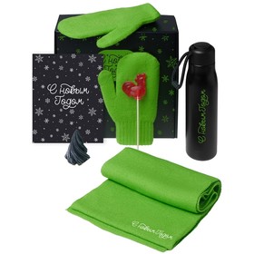 Подарочный набор с варежками, шарфом и термосом, зеленое яблоко